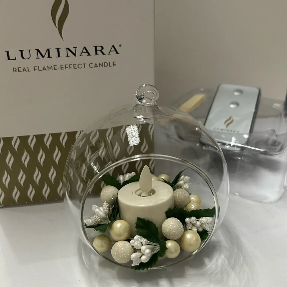Set of 2 & 1/2 Luminara Flame Effect Candles White Berry Glass Remote Ornaments